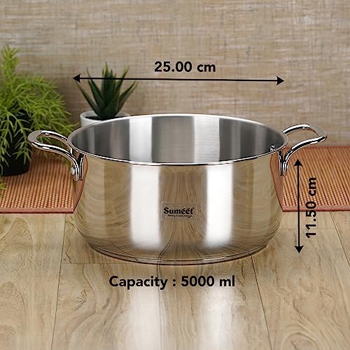 Sumeet Stainless Steel Induction Bottom (Encapsulated Bottom) Casserole 5 LTR, 25 cm Dia, Silver