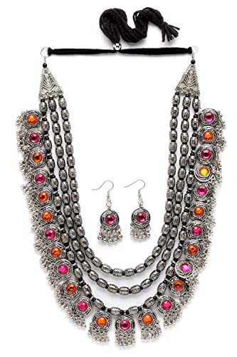 Shining Diva Fashion Latest Stylish Fancy Oxidised Silver Tribal Necklace Jewellery Set for Women (12164s), Multicolour, One