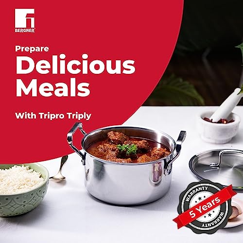 Bergner Tripro Triply 20 cm Casserole, 2.4 L Capacity, Stainless Steel Lid, For Biryani/Pulao/Halwa/Curries, Wide Handles, Induction & Gas Ready, Laser-Etched Scale, Multi-Layered & Polished, 5-Year Warranty