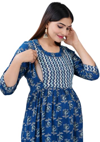 Jikonet Women's Maternity Dress Feeding Kurti with Zippers, Side Pocket (325) (Large, Blue)