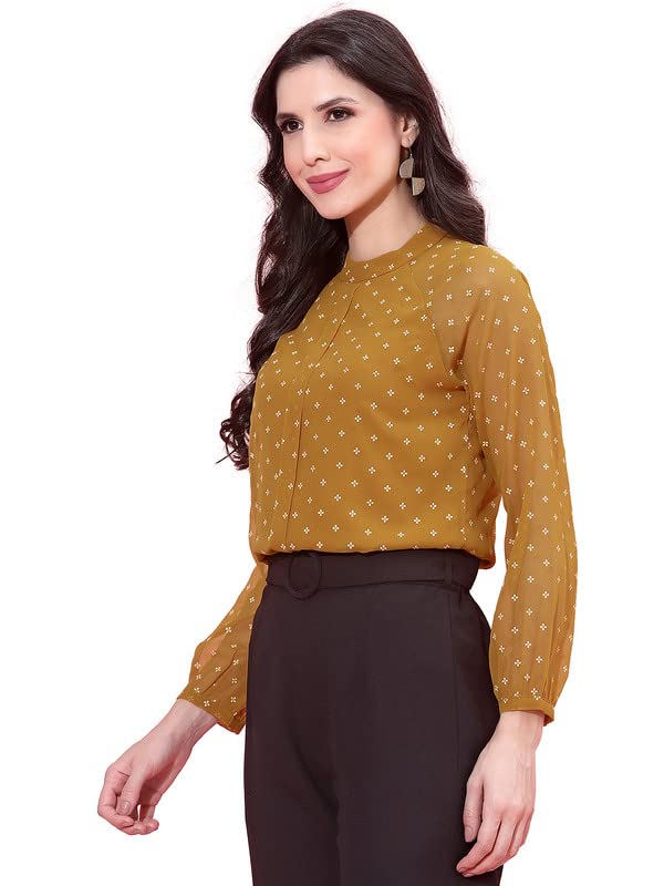 SIRIL Women's Georgette Printed Causal Wear Regular Fit Top(362TK7051-S_Musterd Yellow)