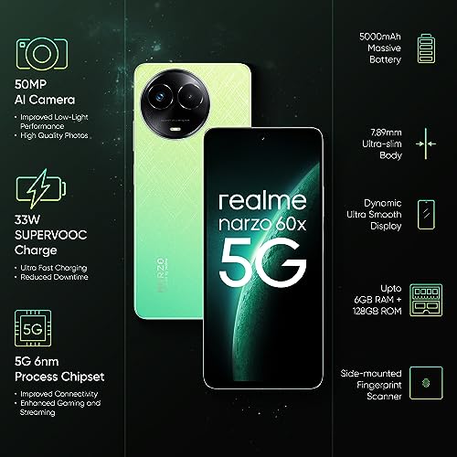 realme narzo 60X 5G（Stellar Green,6GB,128GB Storage ） Up to 2TB External Memory | 50 MP AI Primary Camera | Segments only 33W Supervooc Charge