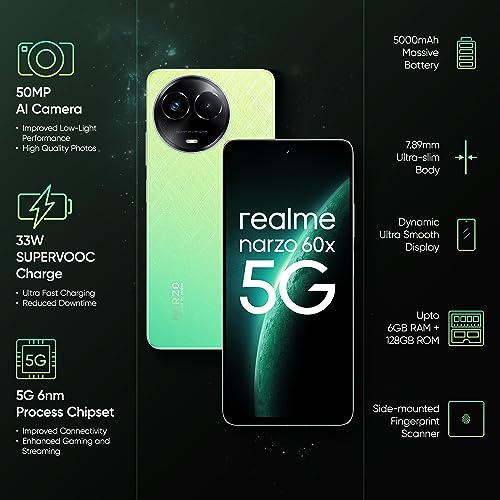 realme narzo 60X 5G（Stellar Green, 4GB, 128GB Storage） Up to 2TB External Memory | 50 MP AI Primary Camera | Segments only 33W Supervooc Charge