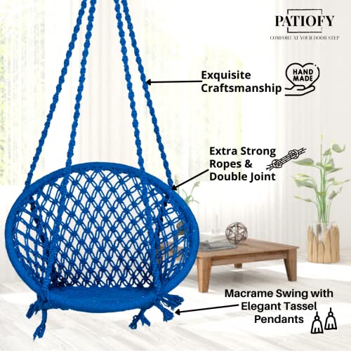 Patiofy Round Cotton Hammock Swing for Adults & Kids/Jhula Swing for Balcony, Indoor, Outdoor, Garden/Capacity Upto 120Kgs/ Includes Free Hanging Accessories/Handmade Hammock Hanging Swing Chair-Blue