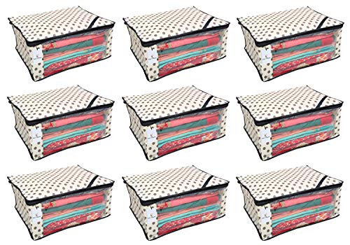 Kuber Industries� Polka Dots Designer Saree Cover/Regular Cloth Bag/Wardrobe Organiser Set of 9 Pcs (Ivory)