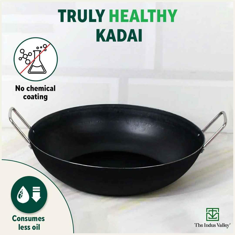 The Indus Valley Pre-Seasoned Iron Cookware Set + Free Wok (25 cm) | Kadai (24 cm) + Fry Pan (24 cm) + Tawa (26 cm) | Kitchen Cooking Combo Pots and Pans Set of 4Pcs | Naturally Nonstick