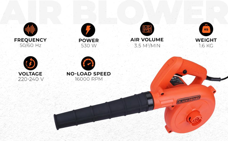 BLACK+DECKER BDB530 530W Single Speed Air Blower with Dual Modes of Blowing & Suction and Attached Dust Bag for Dirt Collection for Home & DIY Use, 1 Year Warranty, ORANGE & BLACK