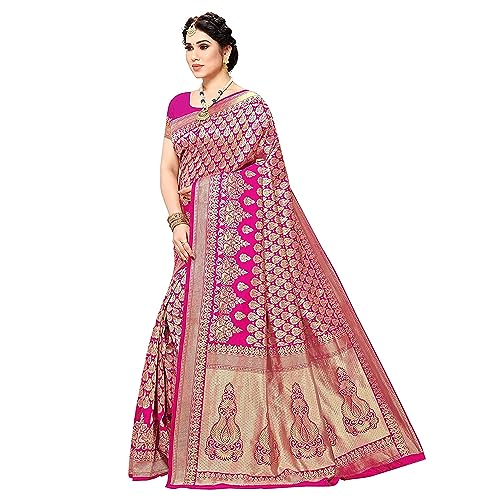 Yashika Women's Trendy Banarasi Kanjivaram Color Art Silk Saree with Blouse Material (Maliya Pink) P-01