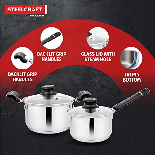 Steelcraft Premium Stainless Steel Gas Stove and Induction Friendly Accord Cookware Set /1 Pc Sauce Pan16 cm(1200ml) / 1 Pc Casserole 14 cm(850ml) with Glass lid, Silver, Set of 2