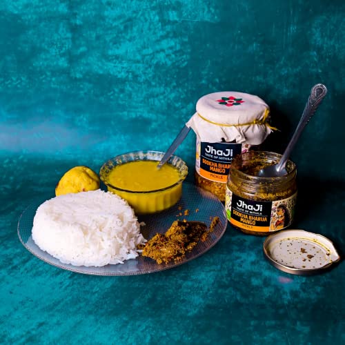 Jhaji Store's Dry Stuffed Mango Pickle | Bihari-Style Aam Ka Sukha Bharua Achar | Little Oil & More Salt | Tangy, Spicy, Sour, and Salty | Dark Brown Mango Pickle | Long Sized Mango Pieces | Bihari-Style Homemade Pickle, 250g