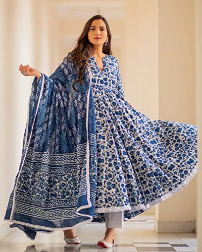 Royal Export Women's Anarkali Flared Floral Printed Kurta Plazo with duptta Set for Women (Large) Blue