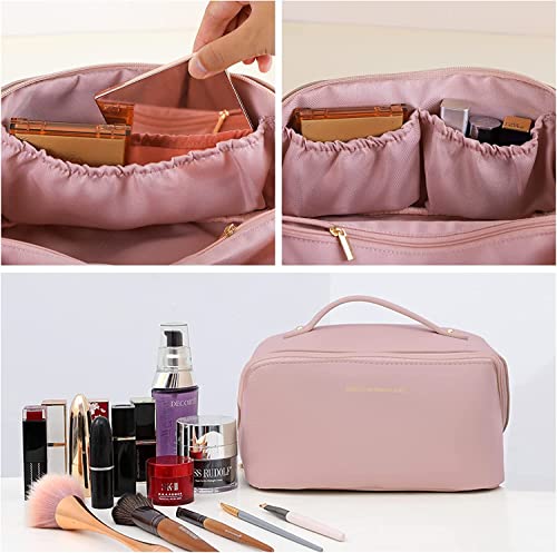 SKYTONE 12cms Large Capacity Cosmetic Travel Bag, Women's Makeup Travel Bag Portable Leather Cosmetics Bag, Makeup Storage Bags with Handle and Divider, Wide Opening Cosmetic/Makeup Organizer (L_Pink)