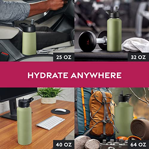 FineDine Triple Insulated Stainless Steel Water Bottle with Straw Lid - Flip Top Lid - Wide Mouth Cap Insulated Water Bottles, Keeps Hot and Cold 750ml Army Green