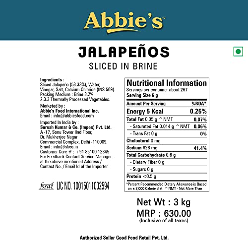 Abbie's Jalapeno Slice in Brine A10, 3 kg | Ready to Eat Jalapeno Pickle | Perfect for Toppings in Pizza,Pasta , Sandwich,Nachos , Salad
