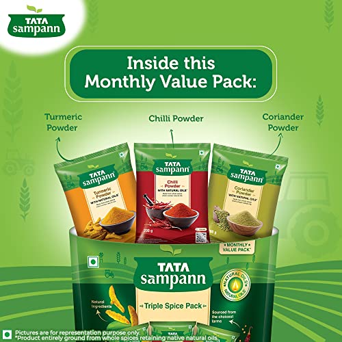 Tata Sampann Triple Spice Pack | Chilli Powder 200g| Turmeric Powder 200g | Coriander Powder 200g | Monthly Value Pack | 600g