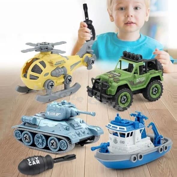 Kiddie Galaxia® Military Army Foldable Vehicles Car Toy 4 Pack with Screwdriver Toy, DIY Kids STEM Toys Including Helicopter,Jeep,Tank and Boat for Toddlers Birthday Gifts for Boys 2 3 4 5 6 Year