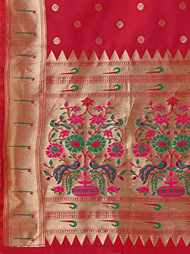 DEVANGI Women's Animal Print Silk Paithani Dupatta (OM-DT-15-RED_Ruby Red_2.3 meters)