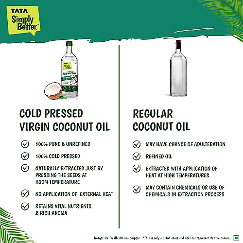 Tata Simply Better Pure and Unrefined Cold Pressed Virgin Coconut Oil, Naturally Cholesterol Free, Coconut Oil with Rich Aroma & Flavour of Real Coconuts, Can Be Used in Daily Cooking, Multipurpose Usage, A1 Grade Coconuts, Purity in Every Drop, 1L