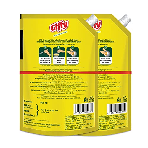 Giffy Lemon & Active Salt Dishwash Liquid Gel 900ml (Pack of 2) Refill Pack|2x Faster Tough Grease Removal|Utensils Cleaning Dish Wash Liquid Super Saver Offer
