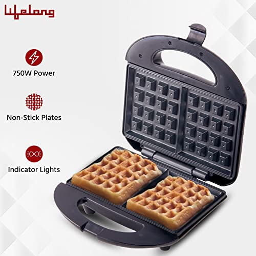 Lifelong LLWM105 750-Watt Belgian Waffle Maker for Home| Makes 2 Square Shape Waffles| Non-stick Plates| Easy to Use with Indicator Lights (1 Year Warranty, Black)