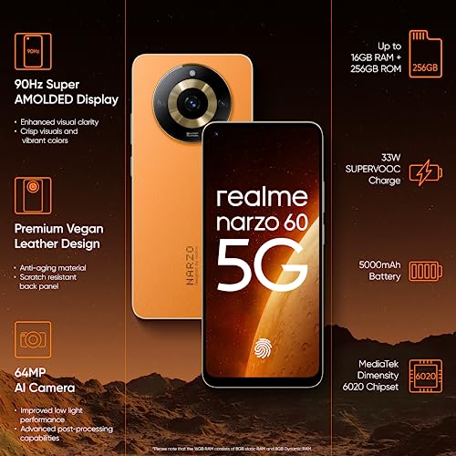 realme narzo 60 5G (Mars Orange,8GB+128GB) 90Hz Super AMOLED Display | Ultra Premium Vegan Leather Design | with 33W SUPERVOOC Charger