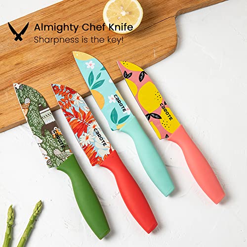 CAROTE Knife Kitchen Knife Chef Knife Color Printing Santoku Knife & Non-Slip Handle with Blade Cover, Blue, 5 inch, Stainless Steel