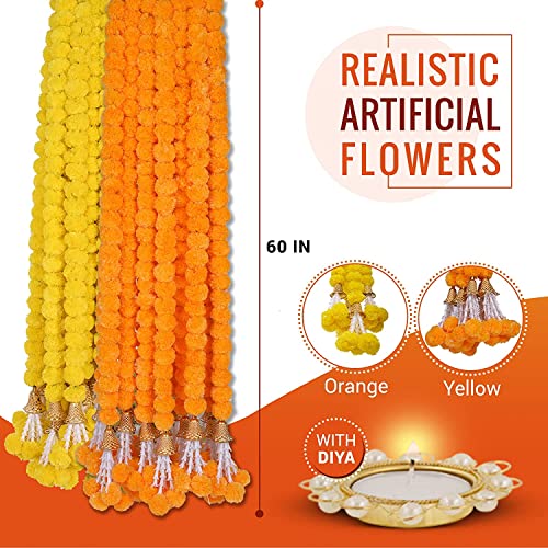 HOME BUY Artificial genda phool for Decoration Flowers for Decoration Garland with Bell for Diwali & Festivals | 5 Feet Long 10 Pcs with 2 Diya (Orange+ Yellow) (Bell Y+O)