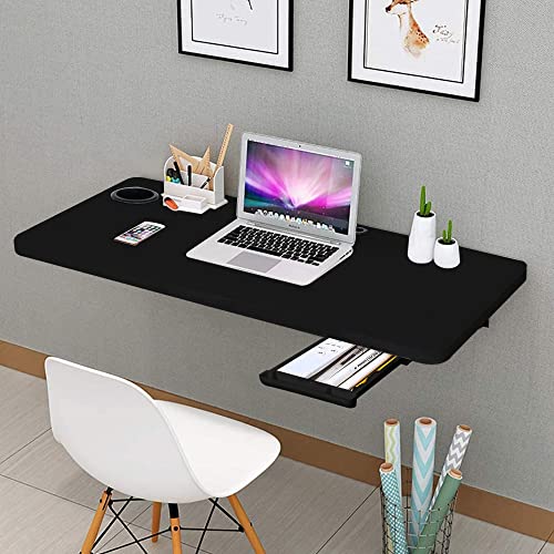 QARA 16x 31.5 inches Wall Mounted Table with Cup Holder & Drawer | Wall Table | Folding Table for Wall | Home Ofiice & Workstation | Black