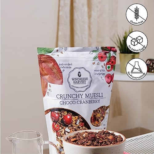 MONSOON HARVEST Wingreens Harvest Crunchy Muesli 800g, Choco & Cranberry |Healthy & Natural, Gluten Free Breakfast Cereal with Whole Grains, Nuts, Seeds and Fruit| Zero White Sugar