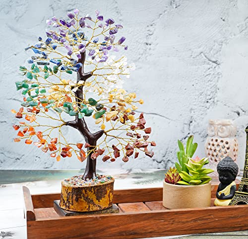 HindCraft Chakra Tree, Crystal Tree for Positive Energy - Crystals & Healing Stones - Feng Shui Seven Chakra Tree of Life Decor - Home Decorations for Living Room, 7 Chakra Tree, 200 Beads, 8-10"