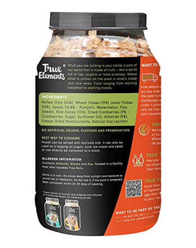 True Elements Nuts & Berries Muesli , Almonds& Cranberries 1kg - Muesli Nuts Delight - 30% Berries, Nuts and Seeds | Protein Muesli | Cereal for Breakfast