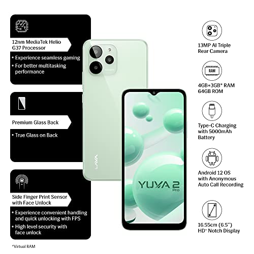 Lava Yuva 2 Pro (Glass Green, 4GB RAM, 64GB Storage)| 2.3 Ghz Octa Core Helio G37| 13 MP AI Triple Camera |Fingerprint Sensor| 5000 mAh Battery| Upto 7GB Expandable RAM