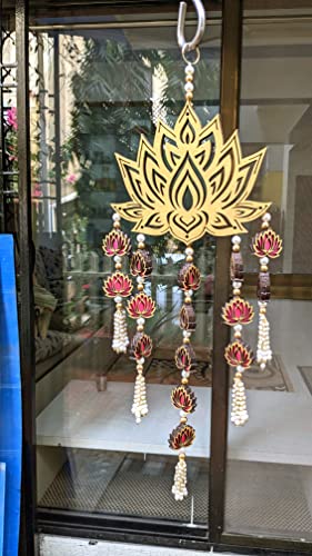 StepsToDo Lotus Flower Wind Chime with White Beads and Mini Lotus. Hand Made and Hand Painted. Golden Hanging Wooden Lotus for Wall and Window Decoration. (1)