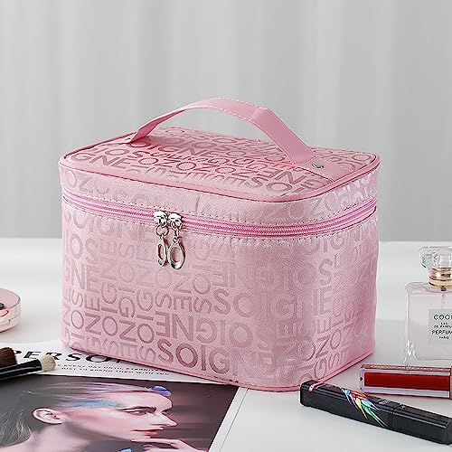 Wolpin Pink Makeup Organizer Pouch Professional Large Cosmetic Kit Storage Travel Toiletry Vanity Bag with Big Compartment, Makeup Brush Holder (22 x 16 x 15 cm)