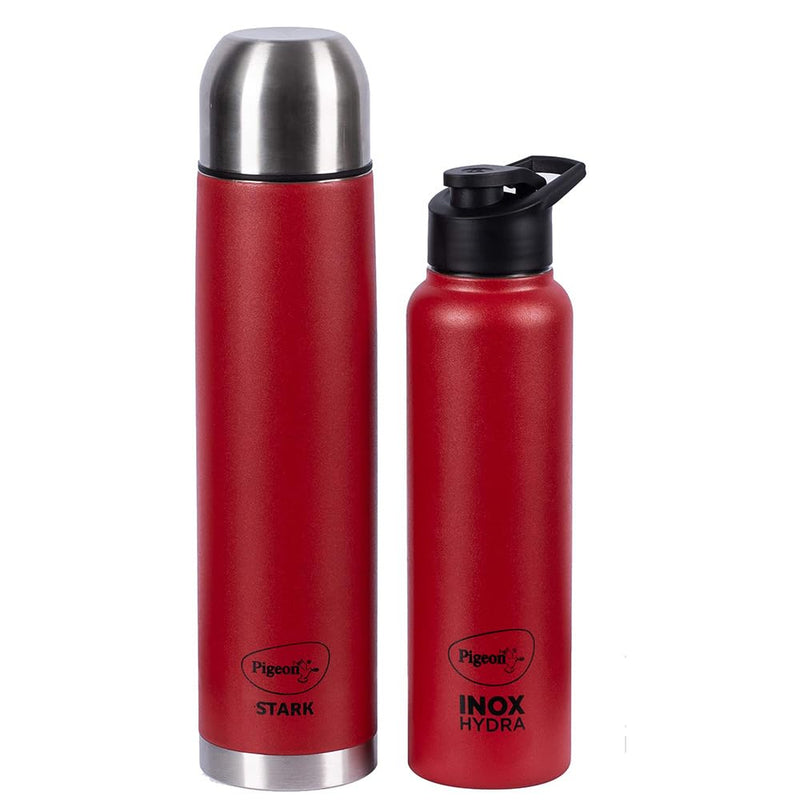 Pigeon by Stovekraft Therminox Stark Plus Vacuum Insulated Flask 1000ml Red + INOX Hydra Red Single Walled Fridge Bottle 900ml Bottle Combo, (Red)|Leak Proof|Kitchen|Travel|Office|Gym|Home|Hiking