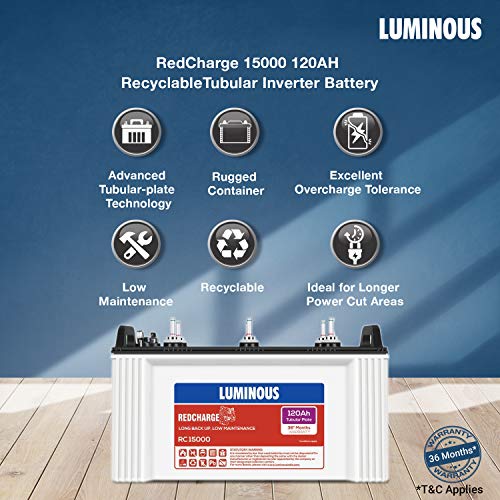 Luminous Inverter & Battery Combo (Cruze+ 2KVA Pure Sine Wave 2000VA/24V Inverter with Red Charge RC15000ST Short Tubular 120Ah Batterry - 2 Batteries) for Home, Office & Shops