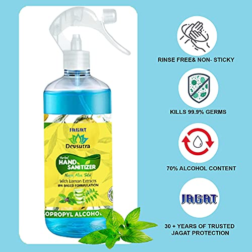 JAGAT ISO Certified Herbal Spray Hand Sanitizer (500ml, Pack of 3) - 70% Isopropyl Alcohol With Aloevera, Neem & Tulsi Herbal Hand Sanitizer - (500ml, Pack of 3)