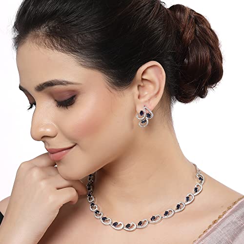 ZENEME Rhodium-Plated with Silver-Toned Blue and White Cubic Zirconia & American Diamond studded Necklace and Drop Earrings Jewellery Set (Blue) For Women