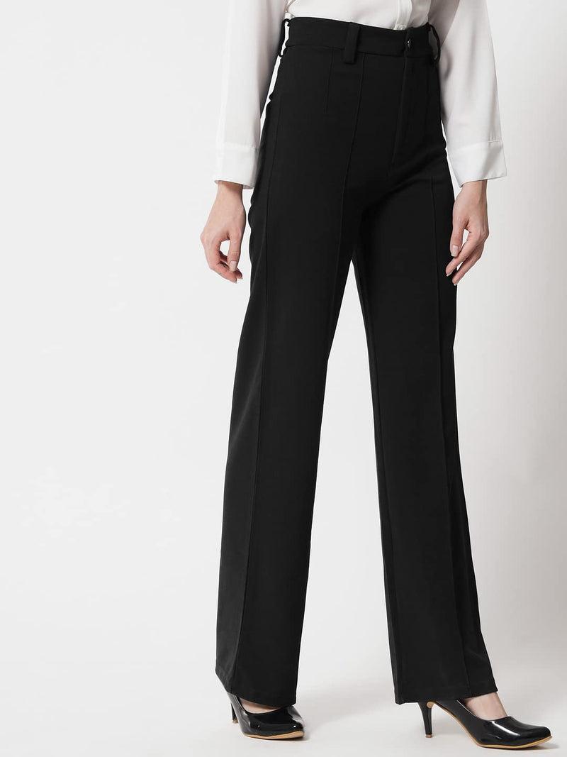 KOTTY Women Solid Polyester Blend Black Trouser (Black,30)