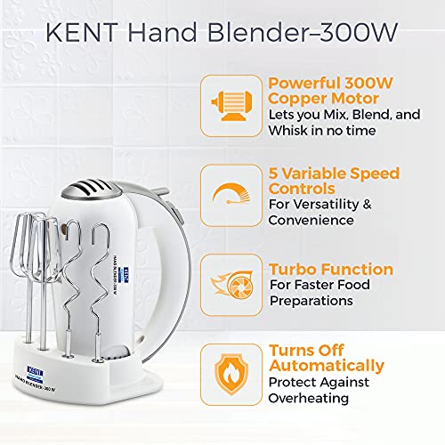 KENT 16051 Hand Blender 300 W | 5 Variable Speed Control | Multiple Beaters & Dough Hooks | Turbo Function