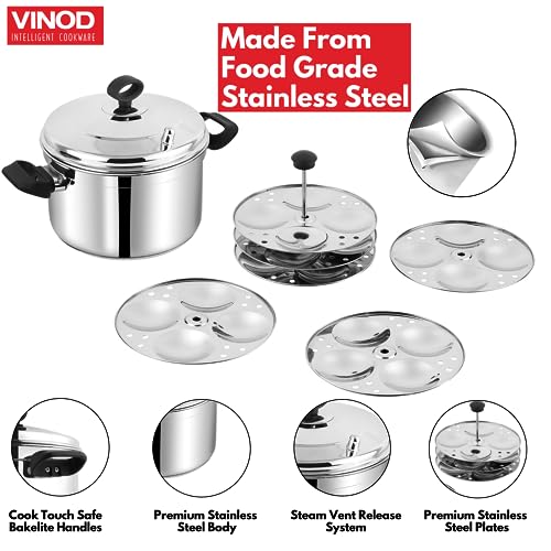 Vinod Stainless Steel Idli Pot/Idli Cooking Pot /6 Pcs Plates Induction Base Idly Maker Large /36 Cm (Makes Upto 24 Idli At A Time), Silver (36 X 23.5 X 23 Lxwxh), 1 Liter