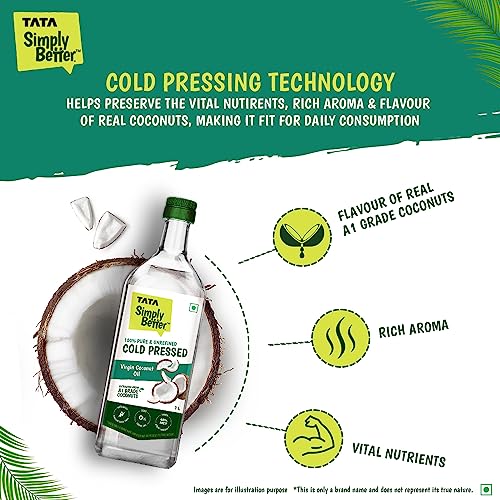 Tata Simply Better Pure and Unrefined Cold Pressed Virgin Coconut Oil, Naturally Cholesterol Free, Coconut Oil with Rich Aroma & Flavour of Real Coconuts, Can Be Used in Daily Cooking, Multipurpose Usage, A1 Grade Coconuts, Purity in Every Drop, 1L