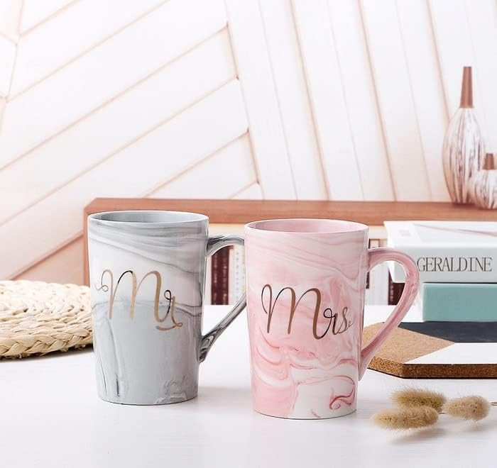 SHOPPOFOBIX Ceramic Marble Finish Coffee Mug with Lid & Spoon for Anniversary Wedding Engagement Valentine Gifts for Couple Teachers Women Men Husband Wife with Gift Box (Long MR & MRS Mug)