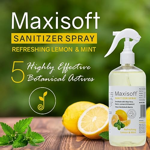 Maxisoft Hand Sanitizer Spray (500 ml)|With Aloe Vera, Lemon, Neem, Vitamin E & Glycerine|Paraben Free|Gentle on skin, tough on germs (500 ml) (Lemon & Mint, Pack of 1 (500ml X 1))