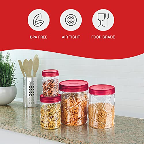 MILTON Vitro Plastic Pet Storage Jar and Container, Set of 24 (6 pcs x 270 ml Each, 6 pcs x 665 ml Each, 6 pcs x 1.24 Ltrs Each, 6 pcs x 1.85 Ltrs Each), Red Wine | Food Grade | Air Tight | BPA Free