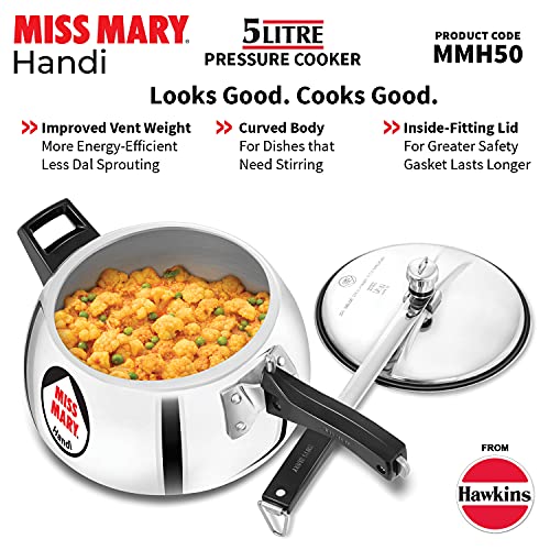 Hawkins 5 Litre Miss Mary Handi Pressure Cooker, Inner Lid Cooker, Silver (MMH50) (Aluminium)