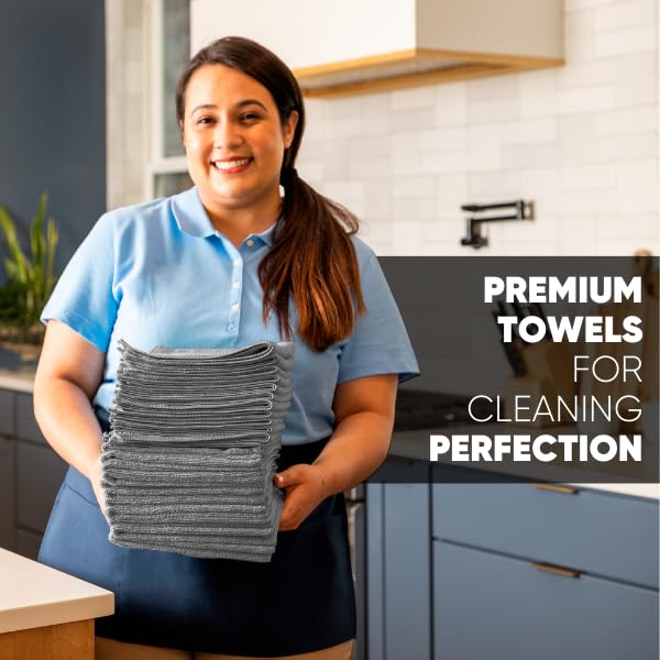 12" x 12" Buff Pro Multi-Surface Microfiber Cleaning Cloths | Gray - 12 Pack | Premium Microfiber Towels for Cleaning Glass, Kitchens, Bathrooms, Automotive