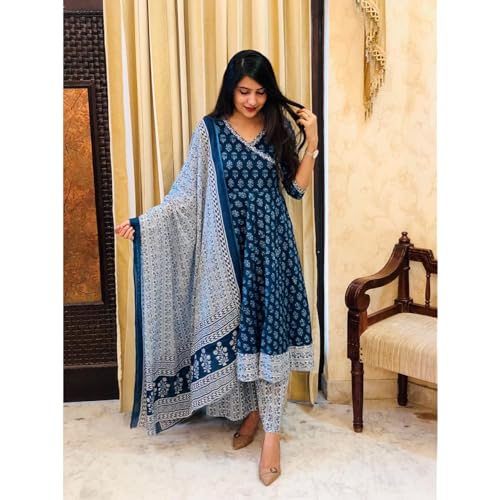 KLOSIA Women's Rayon Anarkali Kurta Pant and Dupatta Set (Large) Blue