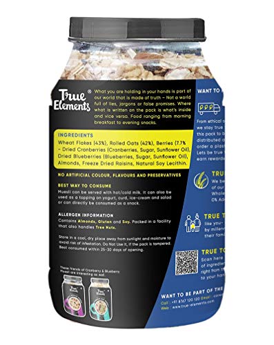 True Elements Berries Mix Muesli 1kg - Berries Muesli with Cranberry and Blueberry | Berries Mix Muesli Diet Food | Protein rich Muesli | Healthy Breakfast Cereal