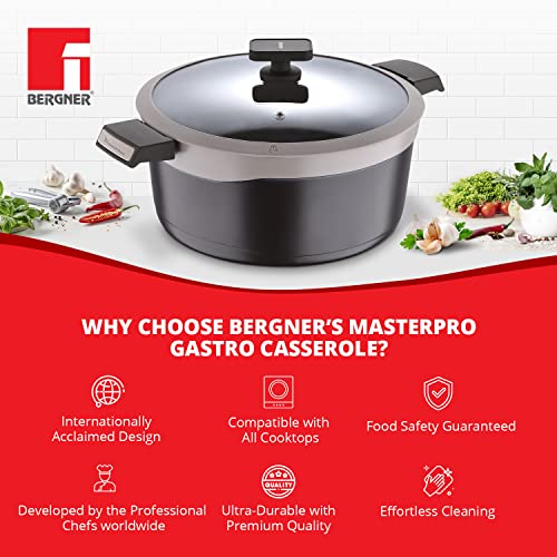 Bergner Gastro Non Stick Casserole/Briyani Pot/Handi with Glass Lid 28cm, Induction Base, Thickness 4.1mm, Brown, Gas Ready